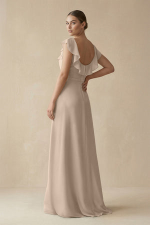 Square Neck A - Line Bridesmaid Dress with Ruffles in Almond - SHE IS ME Bridesmaid Dresses