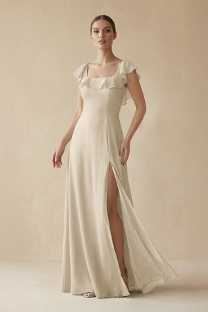 Square Neck A - Line Bridesmaid Dress with Ruffles in Champagne - SHE IS ME Bridesmaid Dresses