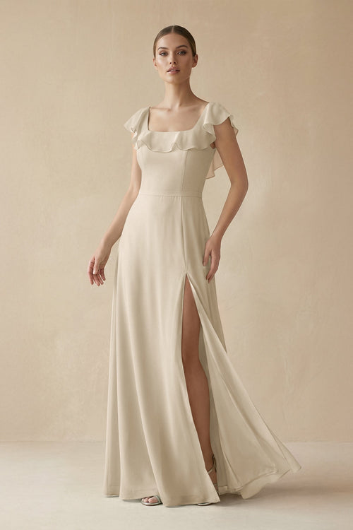 Square Neck A - Line Bridesmaid Dress with Ruffles in Champagne - SHE IS ME Bridesmaid Dresses