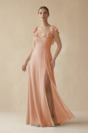 Square Neck A - Line Bridesmaid Dress with Ruffles in Champagne Rose - SHE IS ME Bridesmaid Dresses