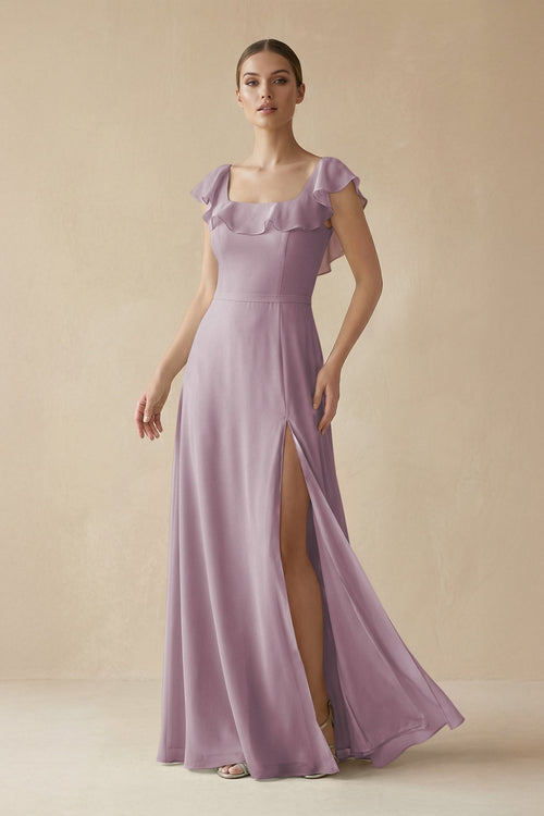 Square Neck A - Line Bridesmaid Dress with Ruffles in Dusk - SHE IS ME Bridesmaid Dresses