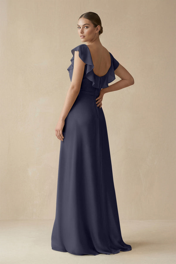 Square Neck A - Line Bridesmaid Dress with Ruffles in Dusk Blue - SHE IS ME Bridesmaid Dresses