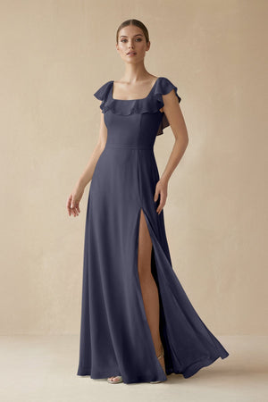 Square Neck A - Line Bridesmaid Dress with Ruffles in Dusk Blue - SHE IS ME Bridesmaid Dresses