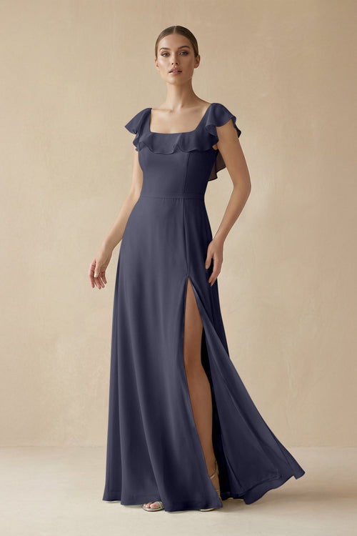 Square Neck A - Line Bridesmaid Dress with Ruffles in Dusk Blue - SHE IS ME Bridesmaid Dresses