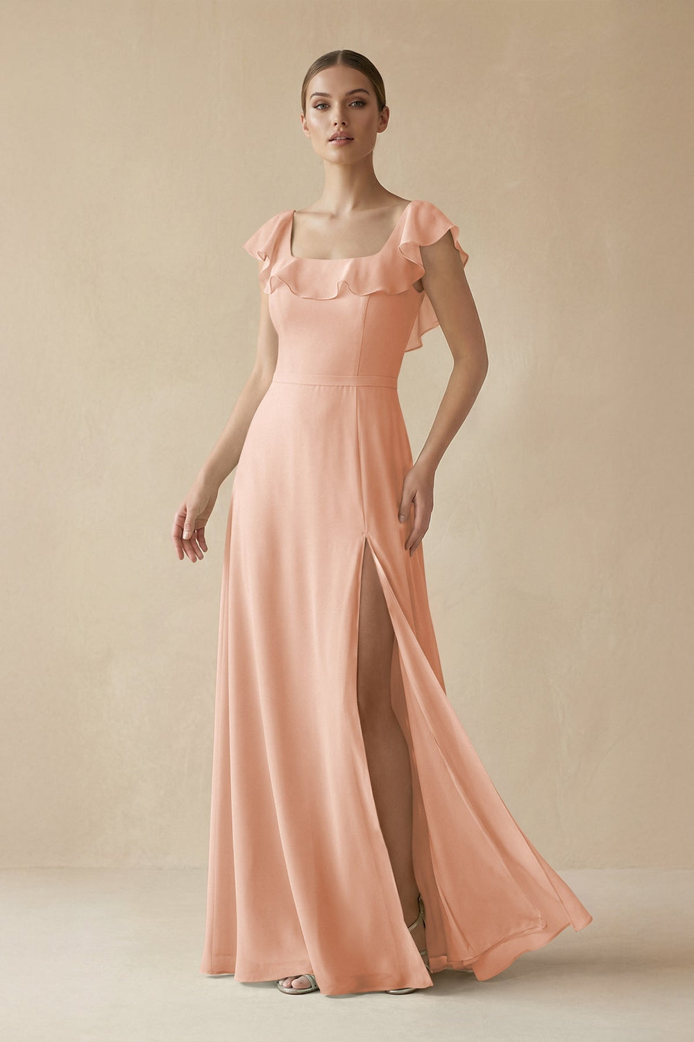 Square Neck A - Line Bridesmaid Dress with Ruffles in English Rose - SHE IS ME Bridesmaid Dresses