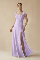 Square Neck A - Line Bridesmaid Dress with Ruffles in Lavender - SHE IS ME Bridesmaid Dresses