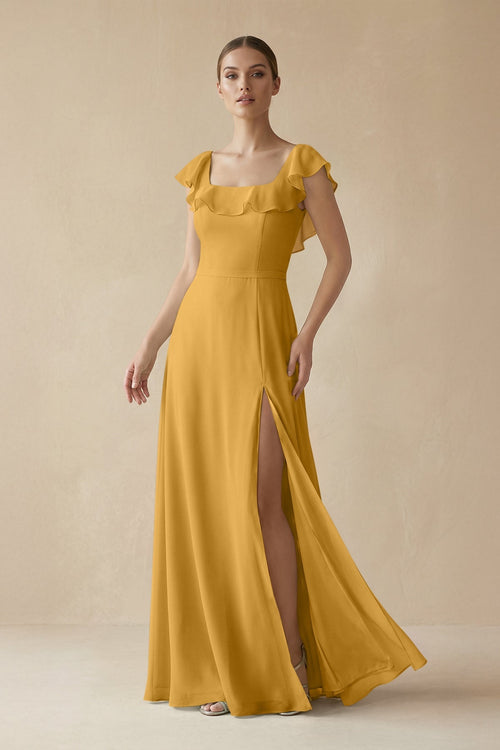Square Neck A - Line Bridesmaid Dress with Ruffles in Marigold - SHE IS ME Bridesmaid Dresses