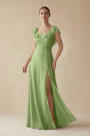 Square Neck A - Line Bridesmaid Dress with Ruffles in Matcha - SHE IS ME Bridesmaid Dresses