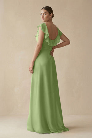 Square Neck A - Line Bridesmaid Dress with Ruffles in Matcha - SHE IS ME Bridesmaid Dresses