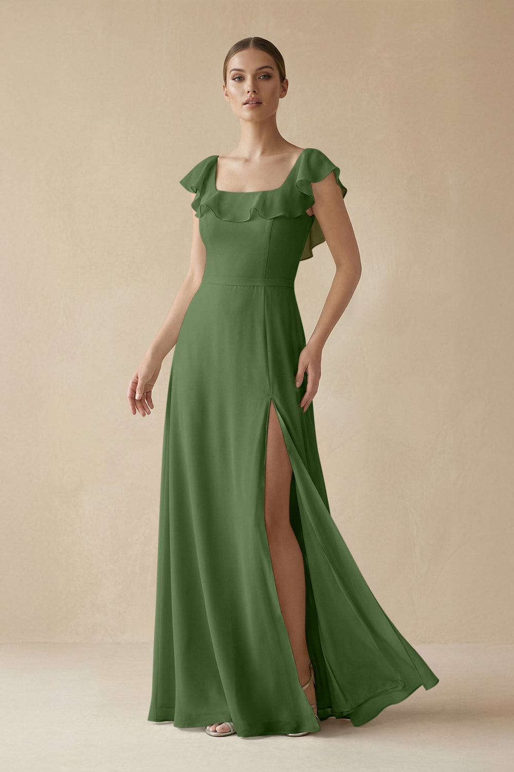 Square Neck A - Line Bridesmaid Dress with Ruffles in Moss - SHE IS ME Bridesmaid Dresses