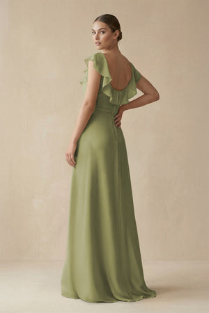 Square Neck A - Line Bridesmaid Dress with Ruffles in Moss Green - SHE IS ME Bridesmaid Dresses