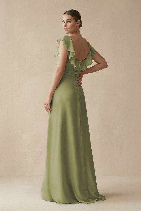 Square Neck A - Line Bridesmaid Dress with Ruffles in Moss Green - SHE IS ME Bridesmaid Dresses