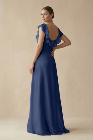 Square Neck A - Line Bridesmaid Dress with Ruffles in Navy - SHE IS ME Bridesmaid Dresses