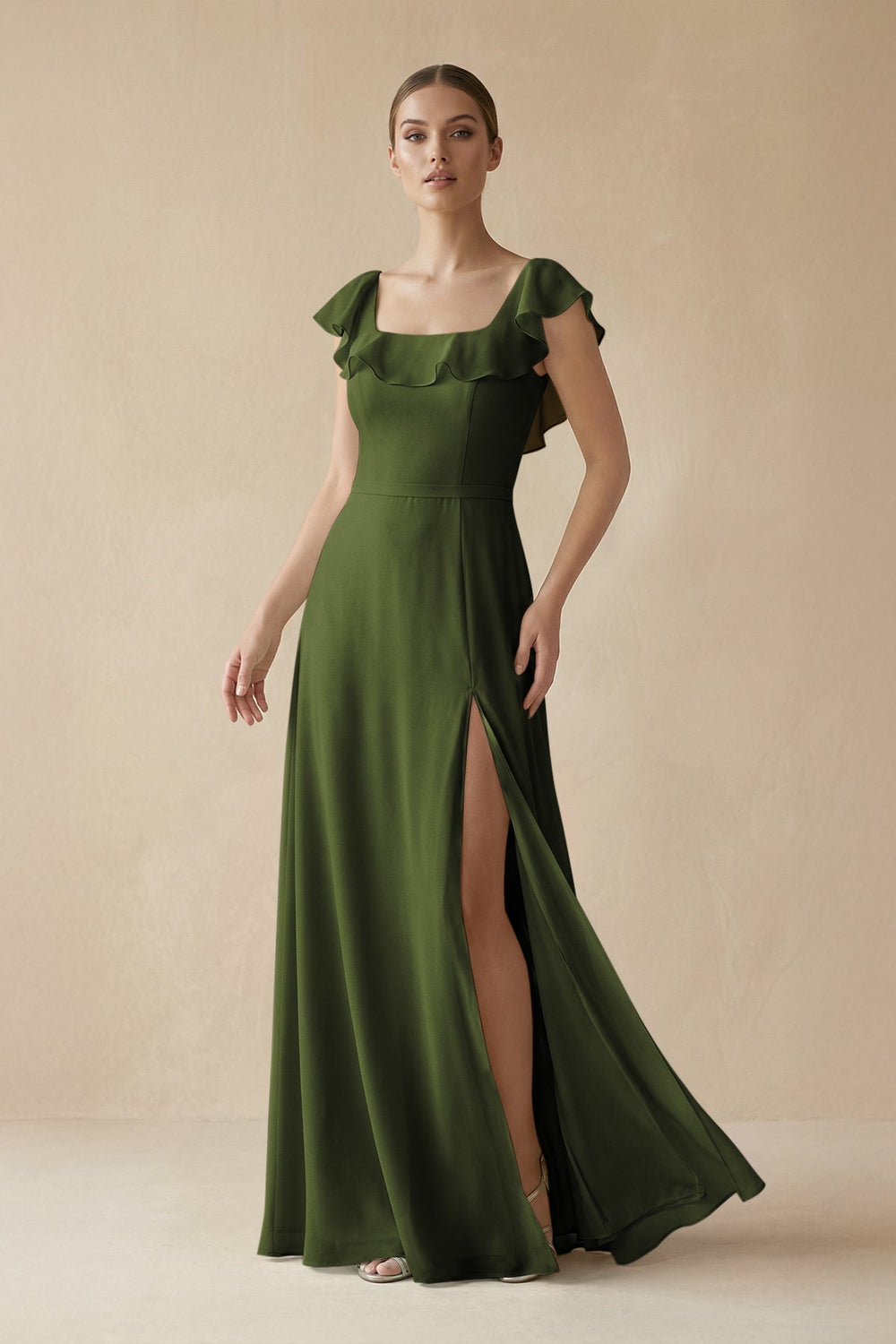 Square Neck A - Line Bridesmaid Dress with Ruffles in Olive - SHE IS ME Bridesmaid Dresses