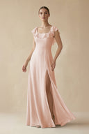 Square Neck A - Line Bridesmaid Dress with Ruffles in Pale Blush - SHE IS ME Bridesmaid Dresses