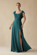 Square Neck A - Line Bridesmaid Dress with Ruffles in Pine - SHE IS ME Bridesmaid Dresses