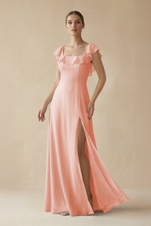Square Neck A - Line Bridesmaid Dress with Ruffles in Rose Petal - SHE IS ME Bridesmaid Dresses
