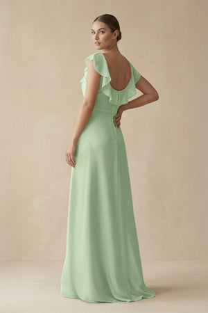 Square Neck A - Line Bridesmaid Dress with Ruffles in Sage - SHE IS ME Bridesmaid Dresses