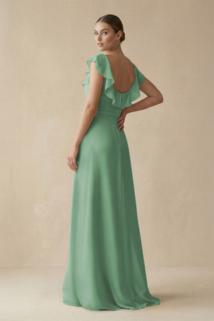 Square Neck A - Line Bridesmaid Dress with Ruffles in Sea Glass - SHE IS ME Bridesmaid Dresses