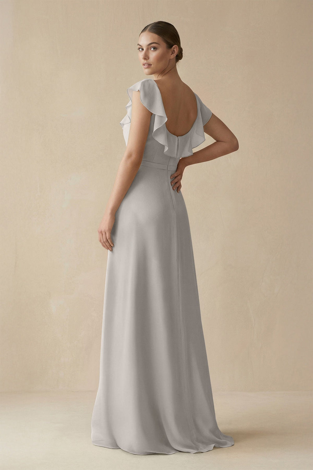 Square Neck A - Line Bridesmaid Dress with Ruffles in Silver - SHE IS ME Bridesmaid Dresses