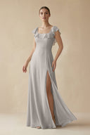 Square Neck A - Line Bridesmaid Dress with Ruffles in Silver - SHE IS ME Bridesmaid Dresses