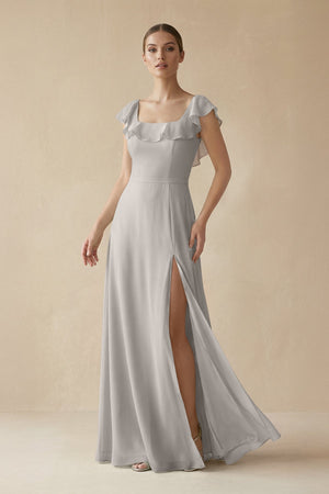 Square Neck A - Line Bridesmaid Dress with Ruffles in Silver - SHE IS ME Bridesmaid Dresses