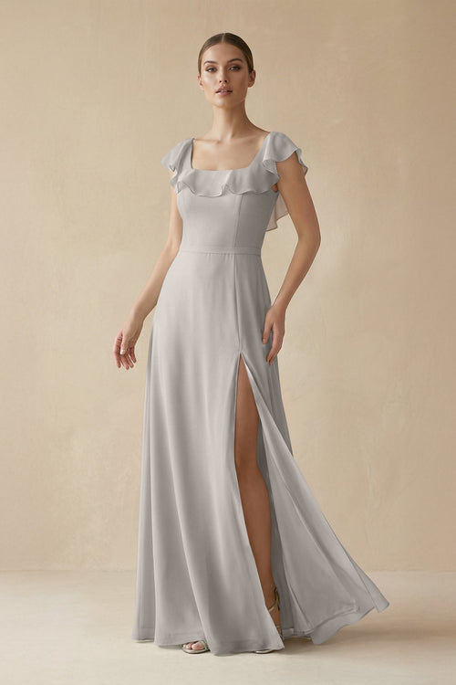 Square Neck A - Line Bridesmaid Dress with Ruffles in Silver - SHE IS ME Bridesmaid Dresses
