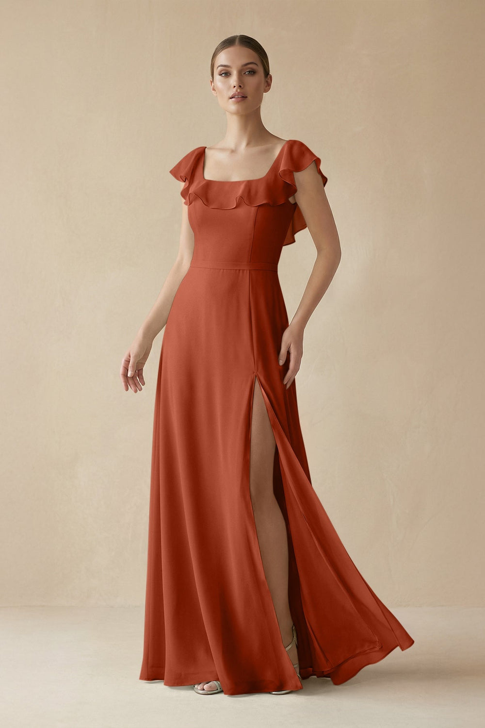 Square Neck A - Line Bridesmaid Dress with Ruffles in Spice - SHE IS ME Bridesmaid Dresses