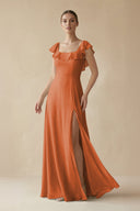 Square Neck A - Line Bridesmaid Dress with Ruffles in Terracotta - SHE IS ME Bridesmaid Dresses