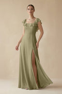 Square Neck A - Line Bridesmaid Dress with Ruffles in Thyme - SHE IS ME Bridesmaid Dresses
