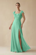 Square Neck A - Line Bridesmaid Dress with Ruffles in Turquoise - SHE IS ME Bridesmaid Dresses