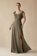 Square Neck A - Line Bridesmaid Dress with Ruffles in Willow Green - SHE IS ME Bridesmaid Dresses