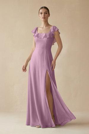 Square Neck A - Line Bridesmaid Dress with Ruffles in Wisteria - SHE IS ME Bridesmaid Dresses