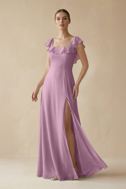 Square Neck A - Line Bridesmaid Dress with Ruffles in Wisteria - SHE IS ME Bridesmaid Dresses