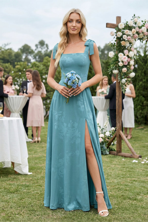 Square Neck A - Line Floral Printed Chiffon Bridesmaid Dress in Adriatic Blue - SHE IS ME Bridesmaid Dresses