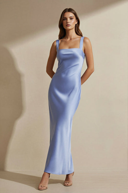 Square Neck Cross Back Satin Maxi Dress in Steel Blue - SHE IS ME