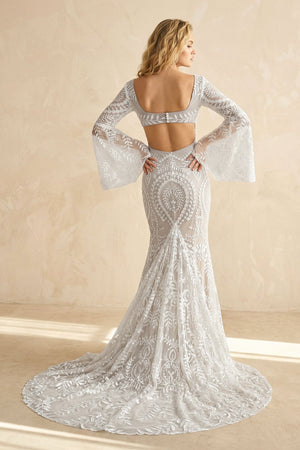 Square Neck Lace Mermaid Wedding Dress with Bell Sleeves - SHE IS ME Wedding Dresses