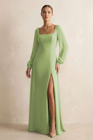 Square Neck Long Sleeves Chiffon Sheath Bridesmaid Dress in Matcha - SHE IS ME Bridesmaid Dresses
