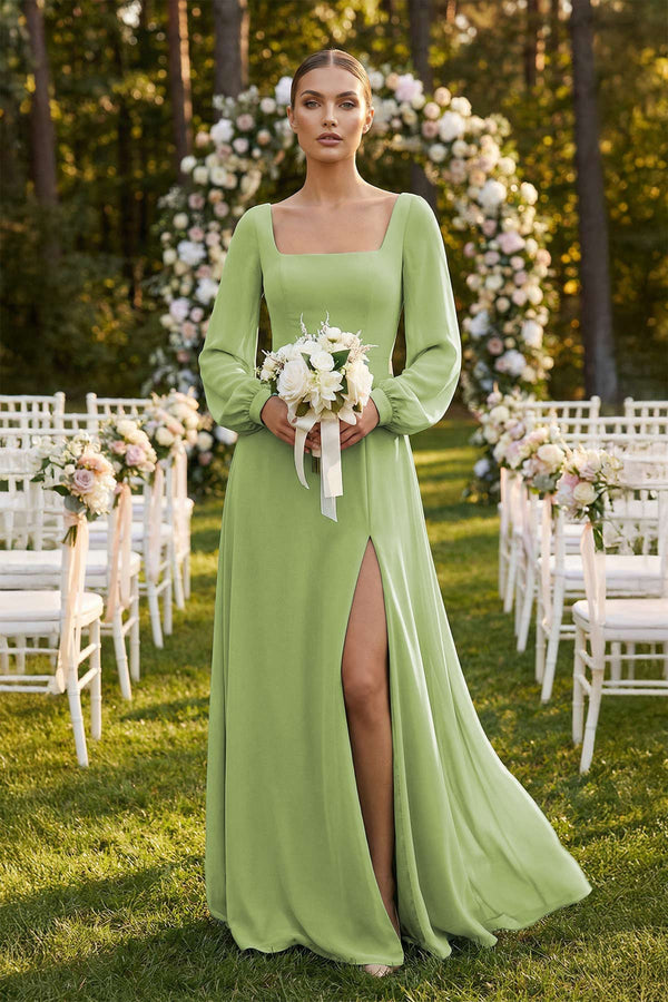 Square Neck Long Sleeves Chiffon Sheath Bridesmaid Dress in Matcha - SHE IS ME Bridesmaid Dresses
