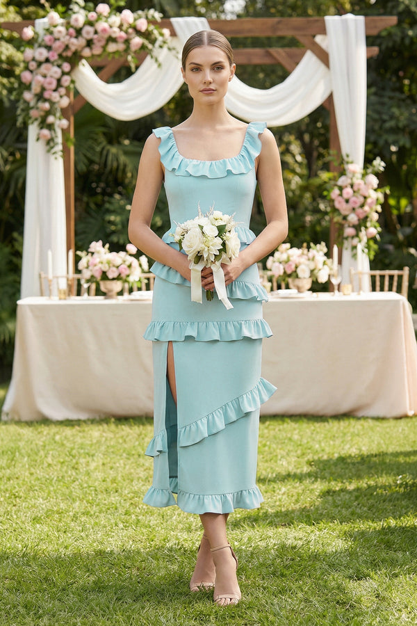 Square Neck Ruffled Sheath Satin Midi Bridesmaid Dress in Bleached Aqua - SHE IS ME Bridesmaid Dresses