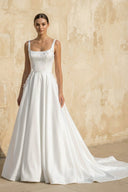 Square Neck Satin Wedding Dress With Appliques in White - SHE IS ME Wedding Dresses