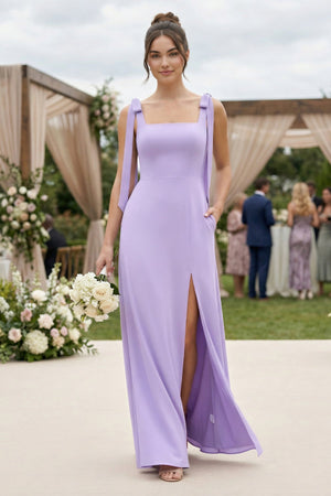 Square Neck Sheath Chiffon Bridesmaid Dress with Bow in Lavender - SHE IS ME BRIDESMAID DRESSES