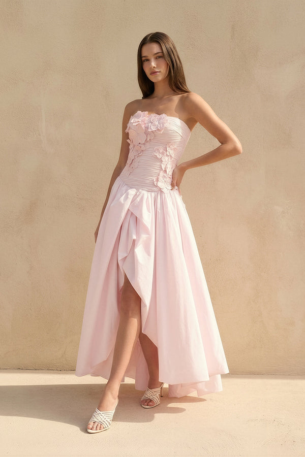 Strapless 3D Floral Appliques Gown in Pink - SHE IS ME