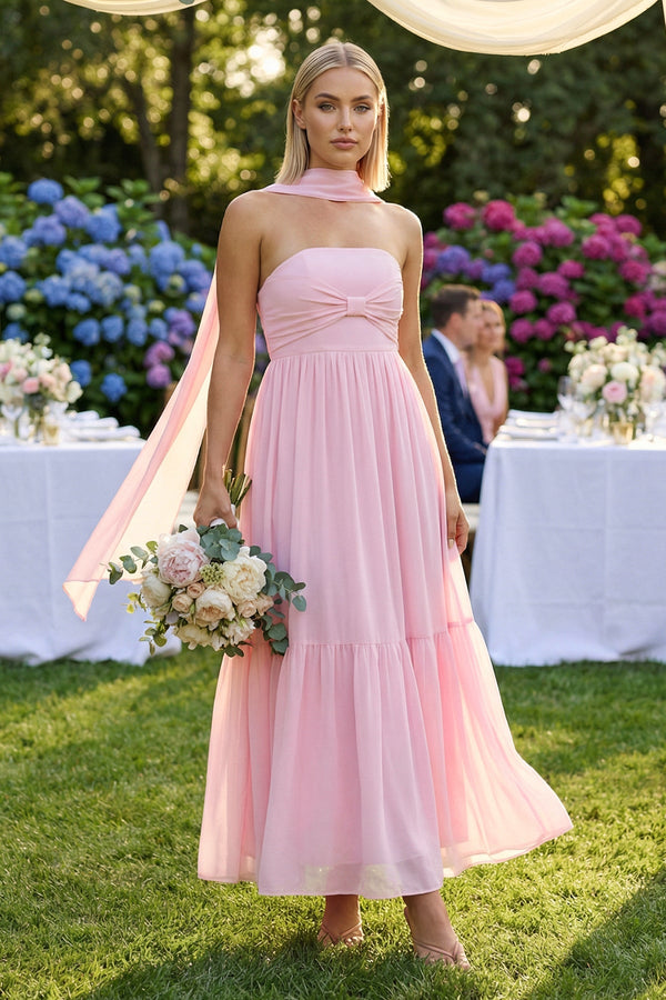 Strapless A - Line Chiffon Ruffled Bridesmaid Dress With Ribbon in Candy Pink - SHE IS ME Bridesmaid Dresses