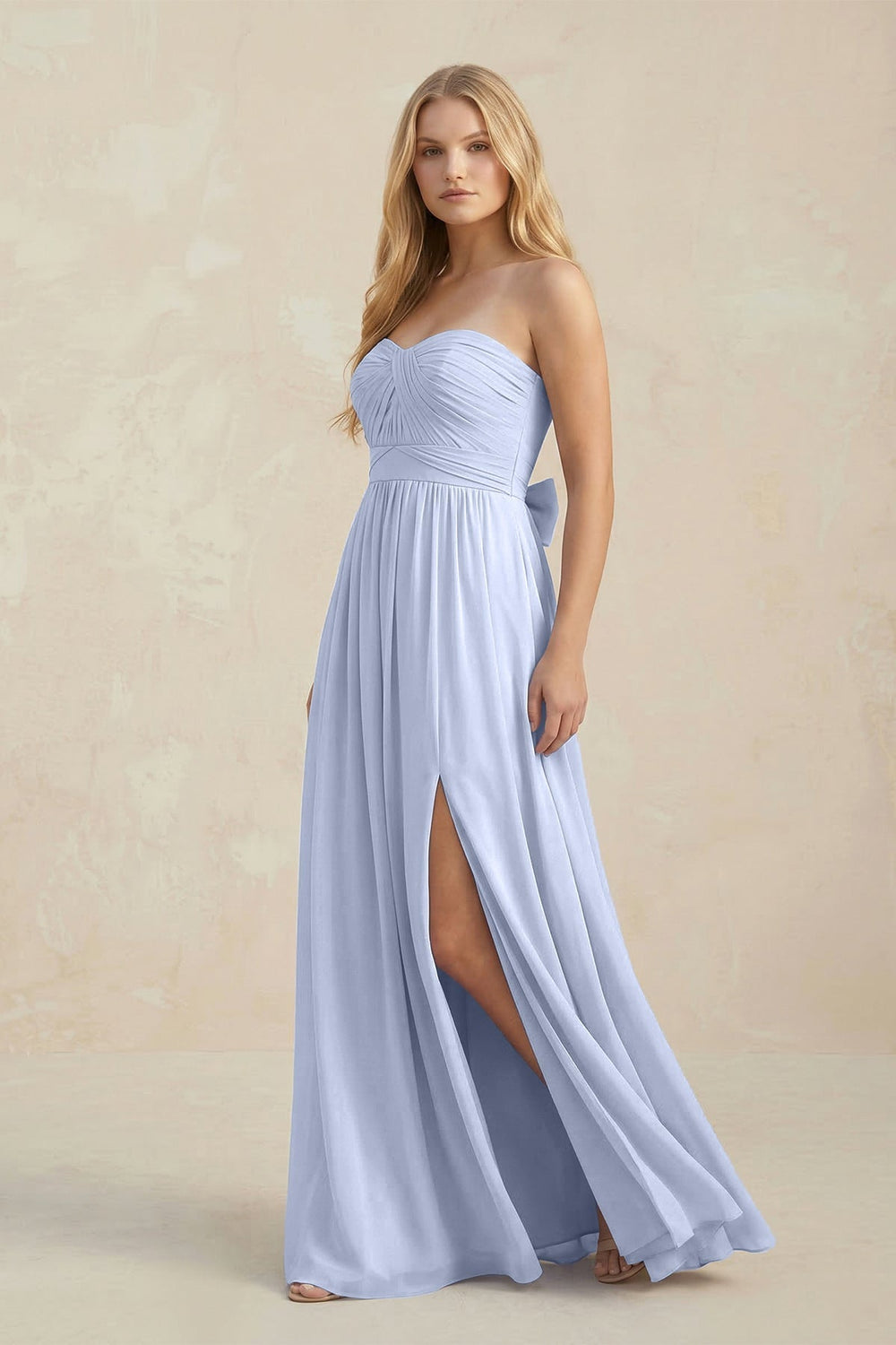 Strapless A - Line Pleated Chiffon Bridesmaid Dress With Slit in Ice - SHE IS ME Bridesmaid Dresses
