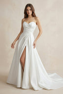 Strapless A Line Satin Wedding Dress With Slit in White - SHE IS ME Wedding Dresses