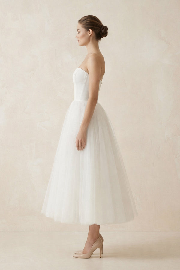 Strapless A Line Tulle Midi Wedding Dress in White - SHE IS ME Wedding Dresses