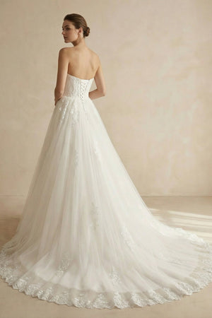 Strapless A Line Tulle Wedding Dress With Appliques in Ivory - SHE IS ME Wedding Dresses