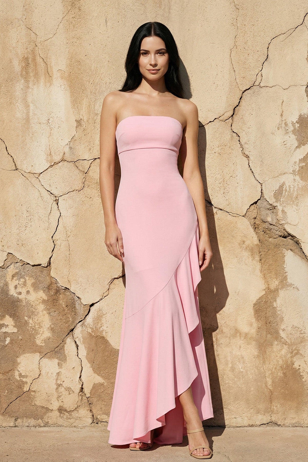 Strapless Asymmetrical Ruffled Maxi Dress in Pink - SHE IS ME Prom Dresses