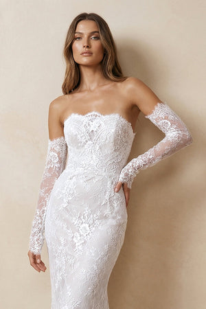 Strapless Lace Sheath Long Sleeve Wedding Dress in Ivory - SHE IS ME Wedding Dresses